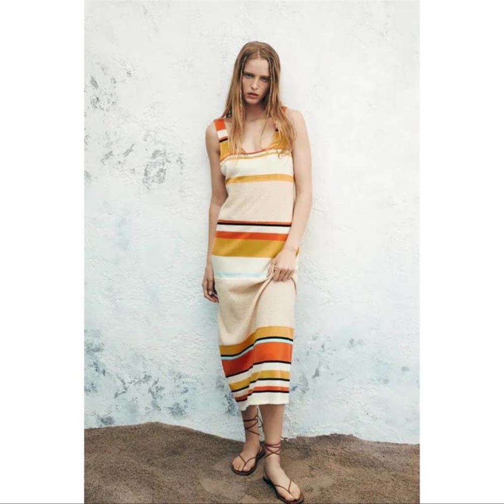 Zara Cream Midi Dress with Orange, Yellow and Red Stripes